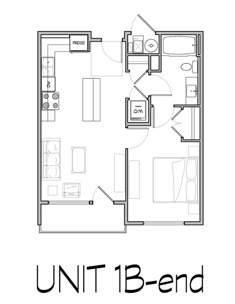 Floor plan for 1 bed, 1 bath, 655 sqft